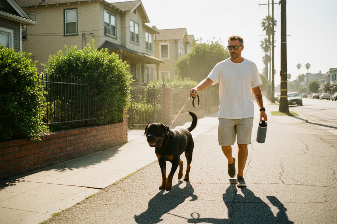 Adult walking a Rottweiler on a hot asphalt sidewalk on a sunny summer day