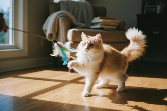 Fluffy long-haired cat with wide alert eyes playing with a feather wand toy indoors
