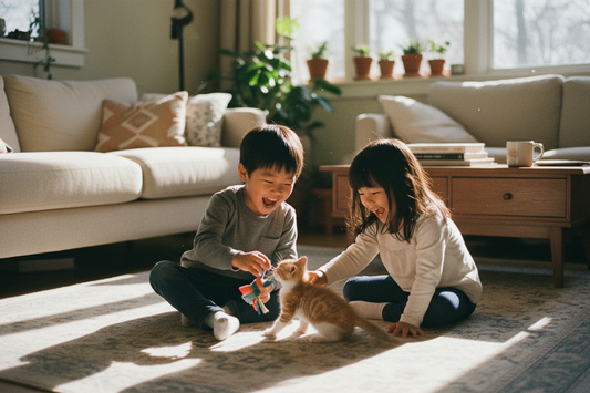 Asian twin boy and girl playing on the floor with a kitten in a cozy living room
