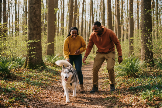 A couple laughing and playing with their Husky dog on a woodland trail