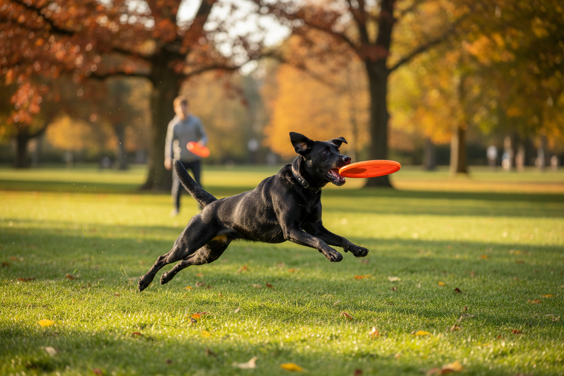 Black dog leaping to catch a frisbee in a park on a sunny day