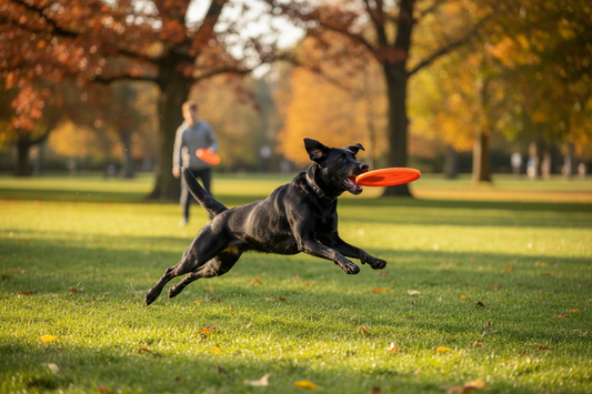 Black dog leaping to catch a frisbee in a park on a sunny day