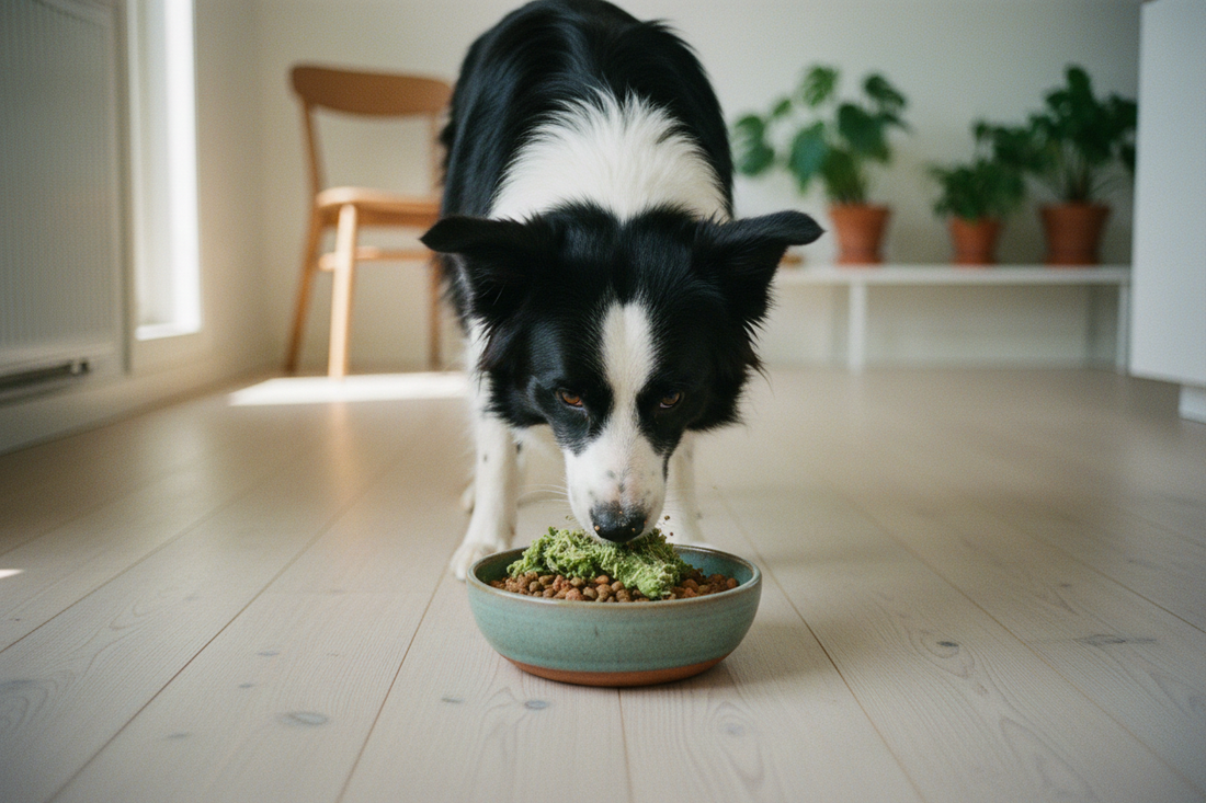 Border Collie eating from a ceramic bowl with green tripe as a food topper on a wooden kitchen floor