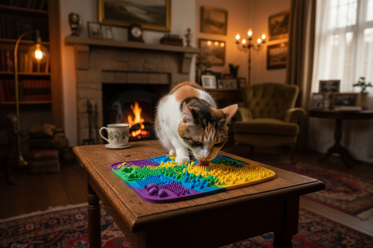Calico cat licking a textured lick mat in a cosy old-styled home