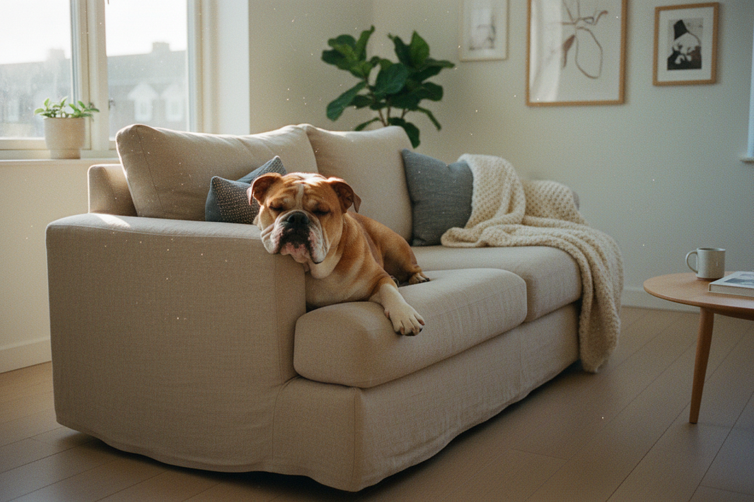Relaxed English Bulldog lying calmly on a linen couch in a warm natural light living room