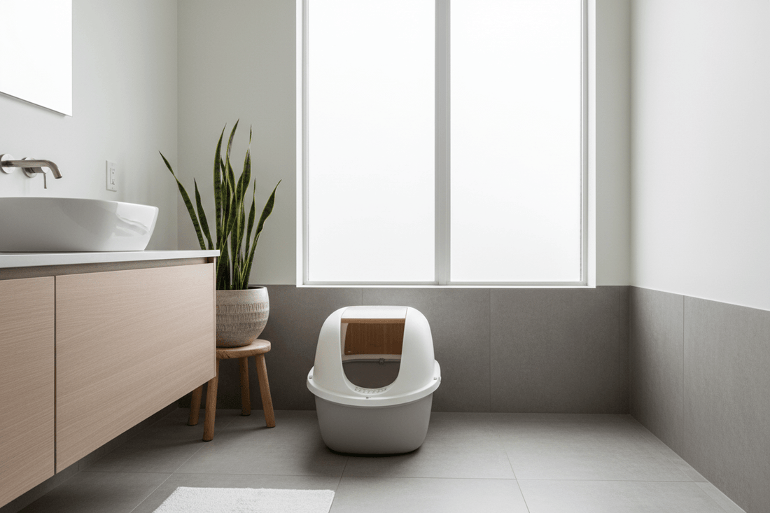 Modern cat litter box in a clean Vancouver condo bathroom – Šapice Pet Wellness