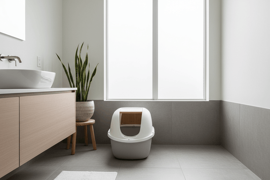 Modern cat litter box in a clean Vancouver condo bathroom – Šapice Pet Wellness