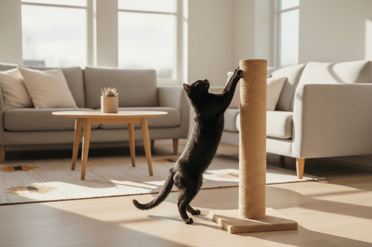Cat stretching on sisal scratching post for exercise – Šapice Pet Wellness Canada