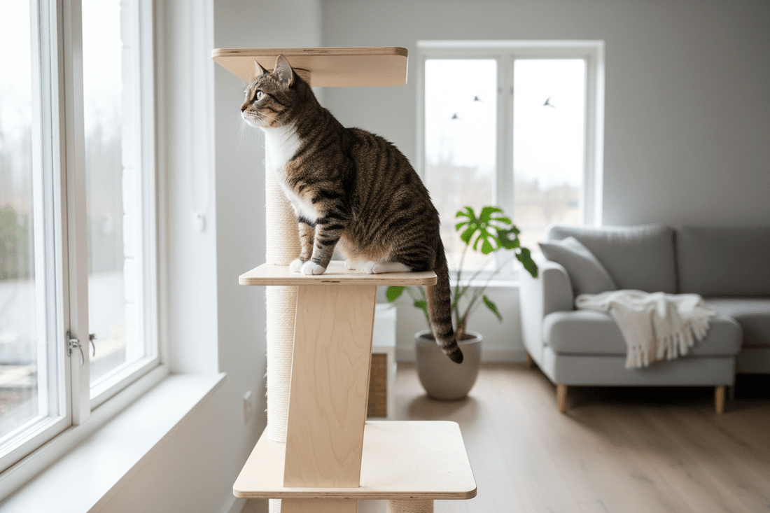 Tabby cat perched on top of a modern plywood cat tree looking out a bright window in a Scandinavian-style interior