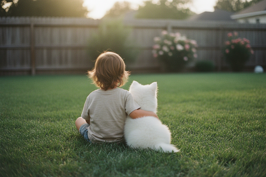 Young child and fluffy white puppy sitting together on grass in a backyard, seen from behind