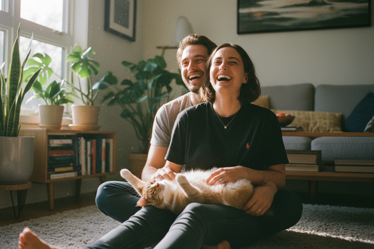 A couple sitting on the living room floor laughing with a tabby cat sprawled contentedly across one of their laps