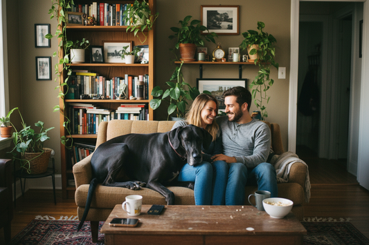 A couple smiling and slightly squished on a small apartment couch next to a large Great Dane taking up as much space as both of them