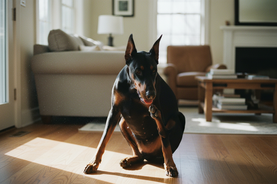 Doberman Pinscher sitting on a hardwood floor scratching its ear with its hind leg