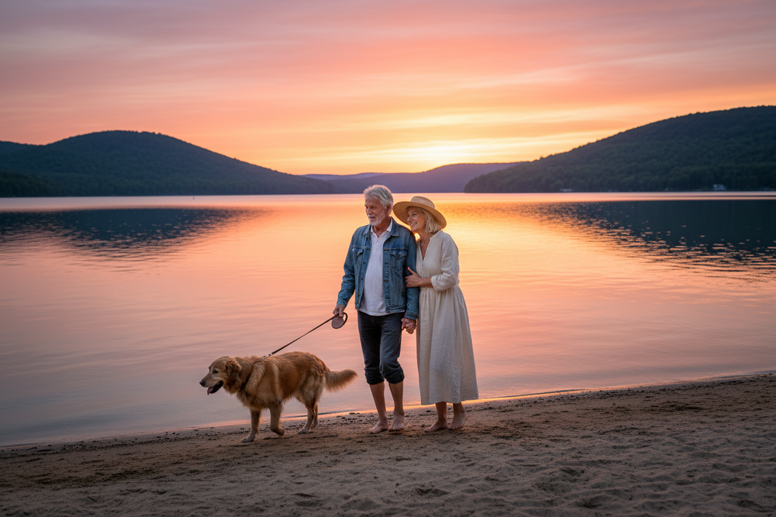 Elderly couple walking along a lake beach with their older dog at golden hour