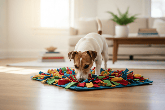 Jack Russell Terrier sniffing snuffle mat for mental enrichment – Šapice Pet Wellness Canada