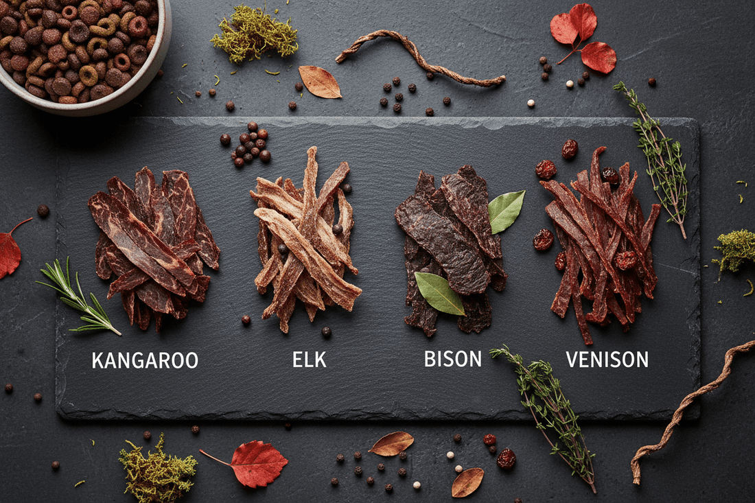 Premium exotic protein dog jerky treats including kangaroo, elk, bison and venison arranged on a dark slate surface