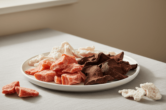 Freeze-dried salmon, chicken and beef liver dog treats arranged on a white ceramic plate with soft natural light