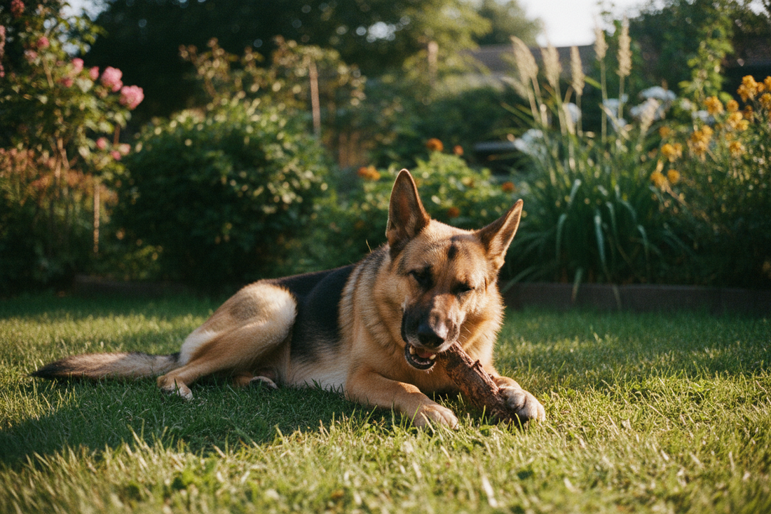 German Shepherd lying on grass in a sunny backyard contentedly chewing on a natural wood stick