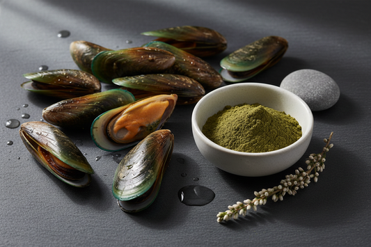Green lipped mussels from New Zealand with a bowl of green lipped mussel powder on a dark slate surface
