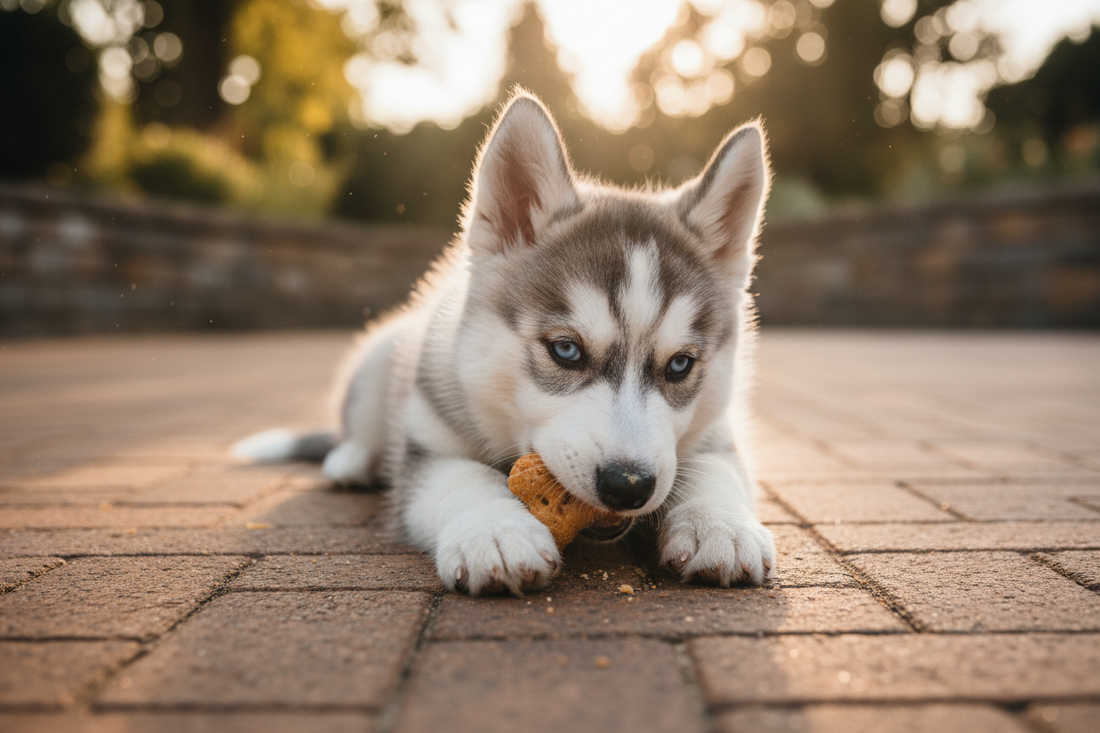 Husky puppy eating a natural treat on a brick driveway