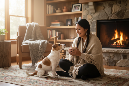 Indigenous woman sitting cross-legged on the living room floor with her Jack Russell terrier