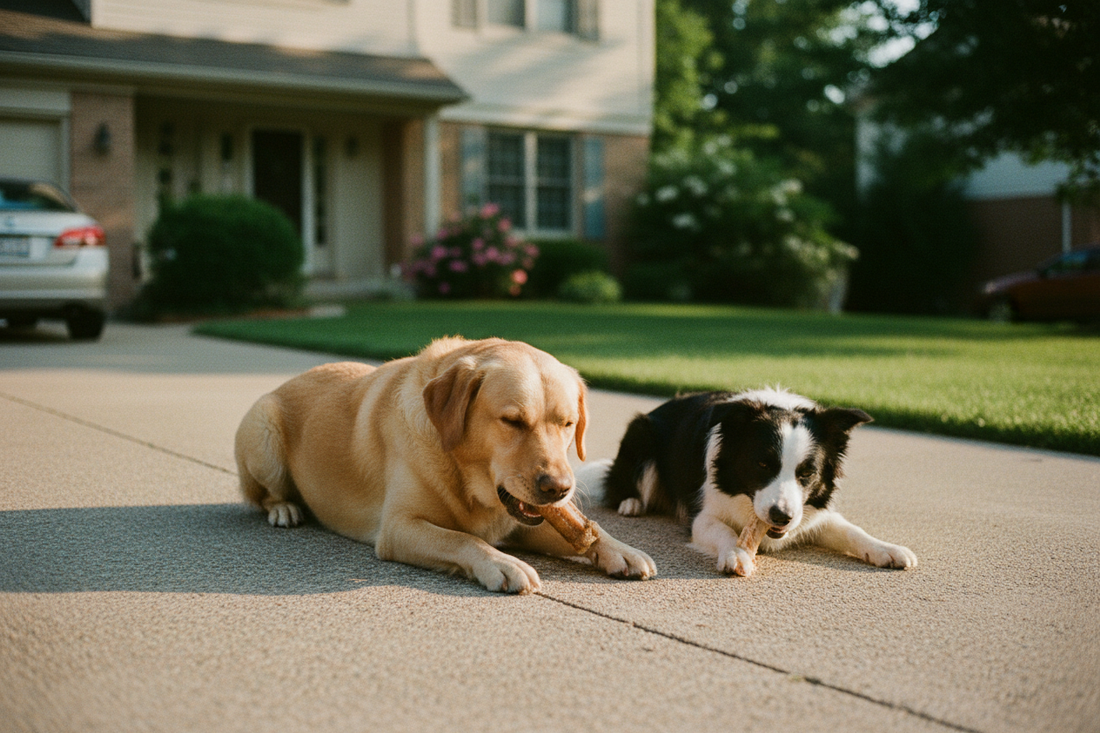 A Labrador and a Border Collie lying on a house driveway, each contentedly chewing on a natural dog chew