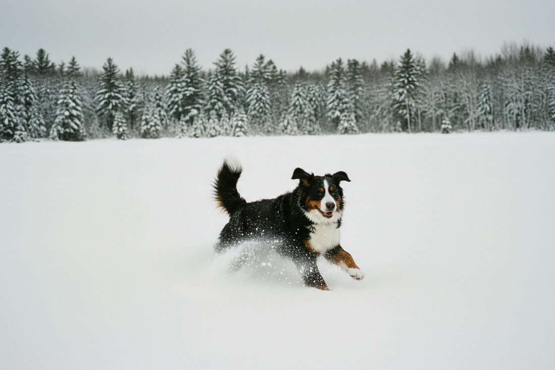A large fluffy dog bounding joyfully through deep snow in a Canadian winter landscape