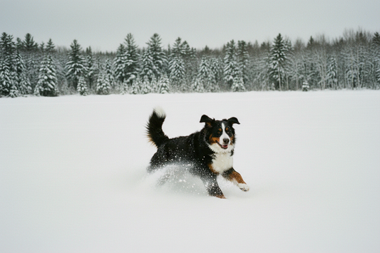 A large fluffy dog bounding joyfully through deep snow in a Canadian winter landscape