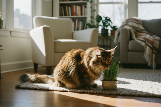 Maine Coon cat nibbling on fresh green cat grass indoors in natural light