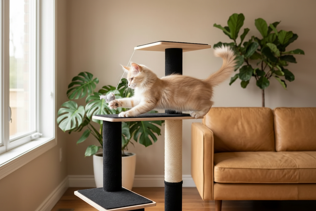 Maine Coon kitten exploring a modern plywood cat tree