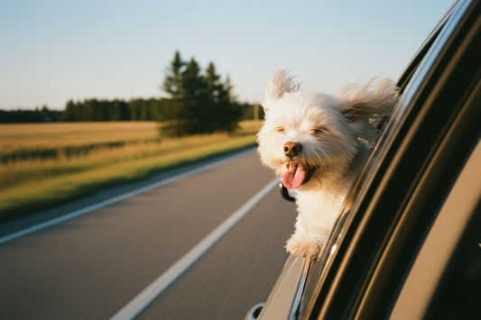A fluffy white Maltese dog with its head out of a car window, ears blowing in the wind on a Canadian road trip