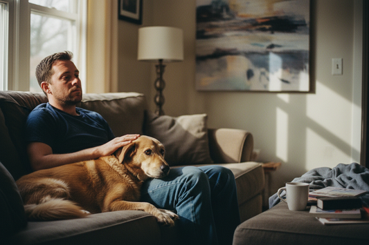 A man sitting on a couch looking emotionally drained, with his dog's head resting gently in his lap