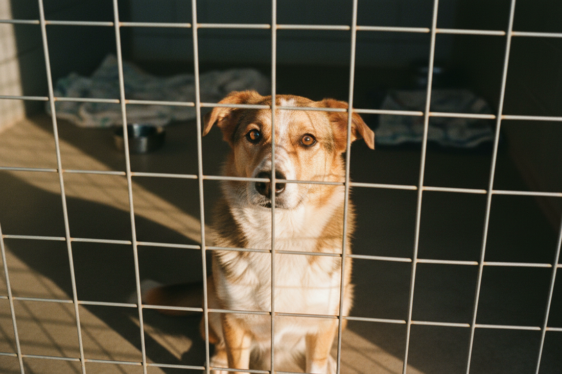 A hopeful mixed breed dog sitting in a shelter kennel, looking through the fence waiting to be adopted
