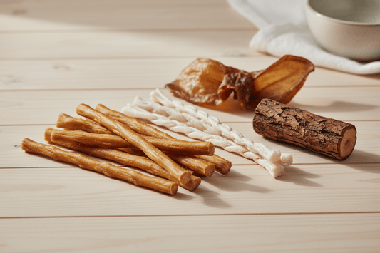 Assortment of natural single-ingredient dog chews including bully sticks, beef ears, tendons and coffee wood on a light wood surface