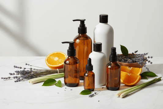 Natural dog shampoo bottles with lavender, lemongrass and orange botanicals arranged on a white marble surface