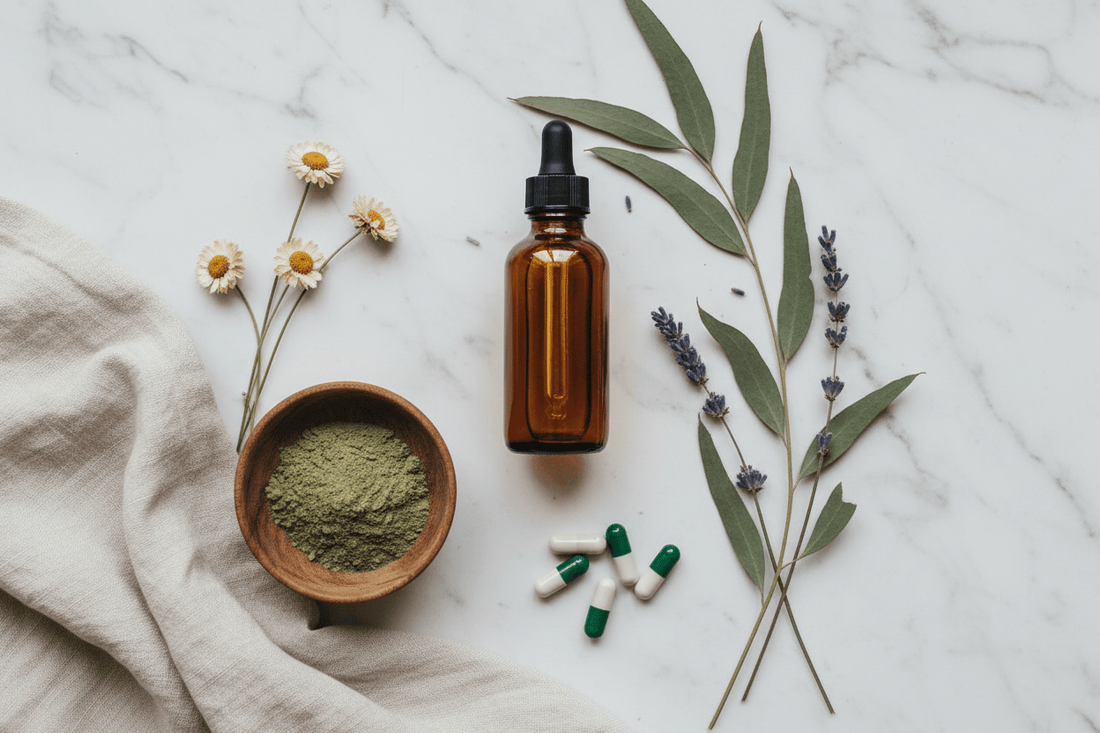 Image alt text: Natural pet supplements including salmon oil and green powder on marble surface – Šapice Pet Wellness Canada