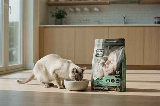Cat eating from a ceramic bowl next to a Nature's HUG plant-based cat food bag in a warm Canadian kitchen