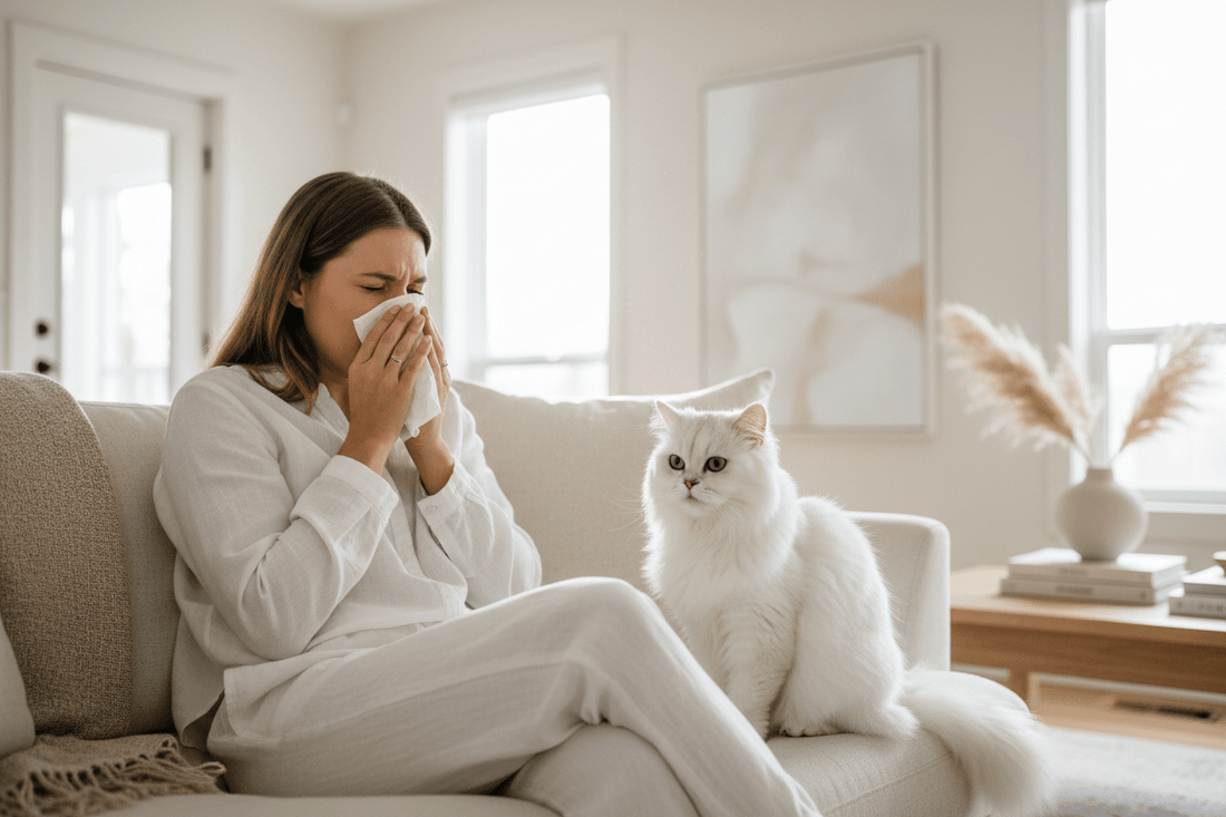 Allergy sufferer with white cat in bright Canadian home – pet allergen management