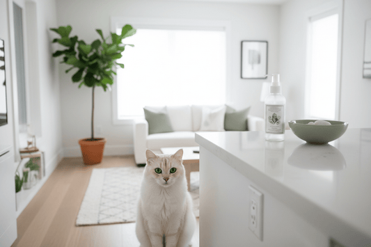 Pet-safe odour eliminator spray in clean Canadian home with cat