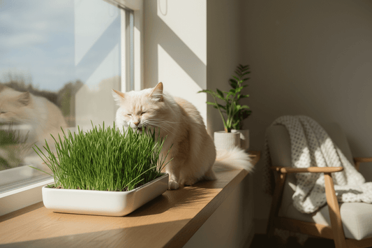 Fluffy indoor cat grazing on a tray of fresh green cat grass on a bright windowsill in a Scandinavian interior