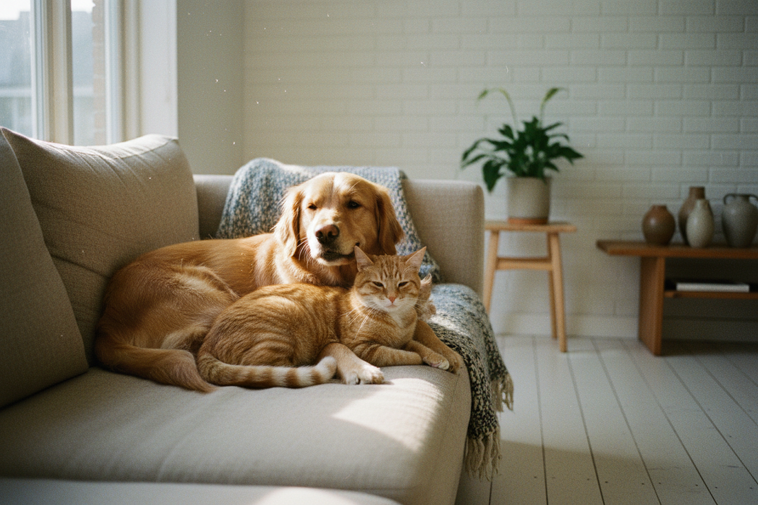 Dog and cat lounging together on a linen couch in warm natural light with healthy shiny coats