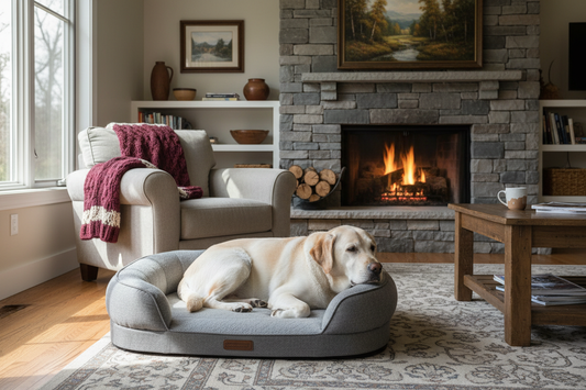 Senior Labrador resting comfortably on a large supportive dog bed in a cosy living room