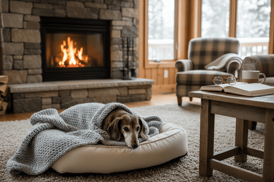Senior Dachshund resting by fireplace in cozy Canadian home – senior pet care
