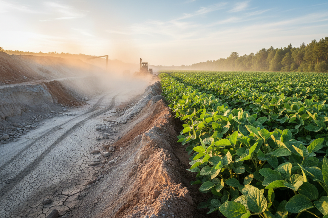 Split landscape showing barren clay mining on the left and lush green soybean fields on the right