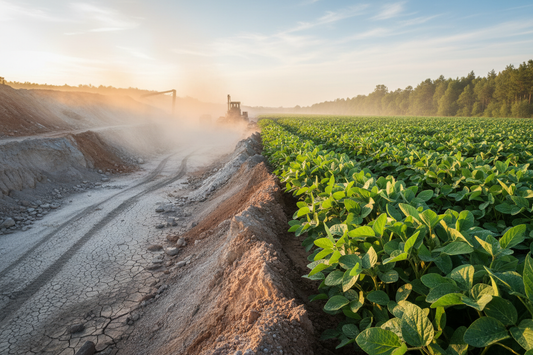 Split landscape showing barren clay mining on the left and lush green soybean fields on the right