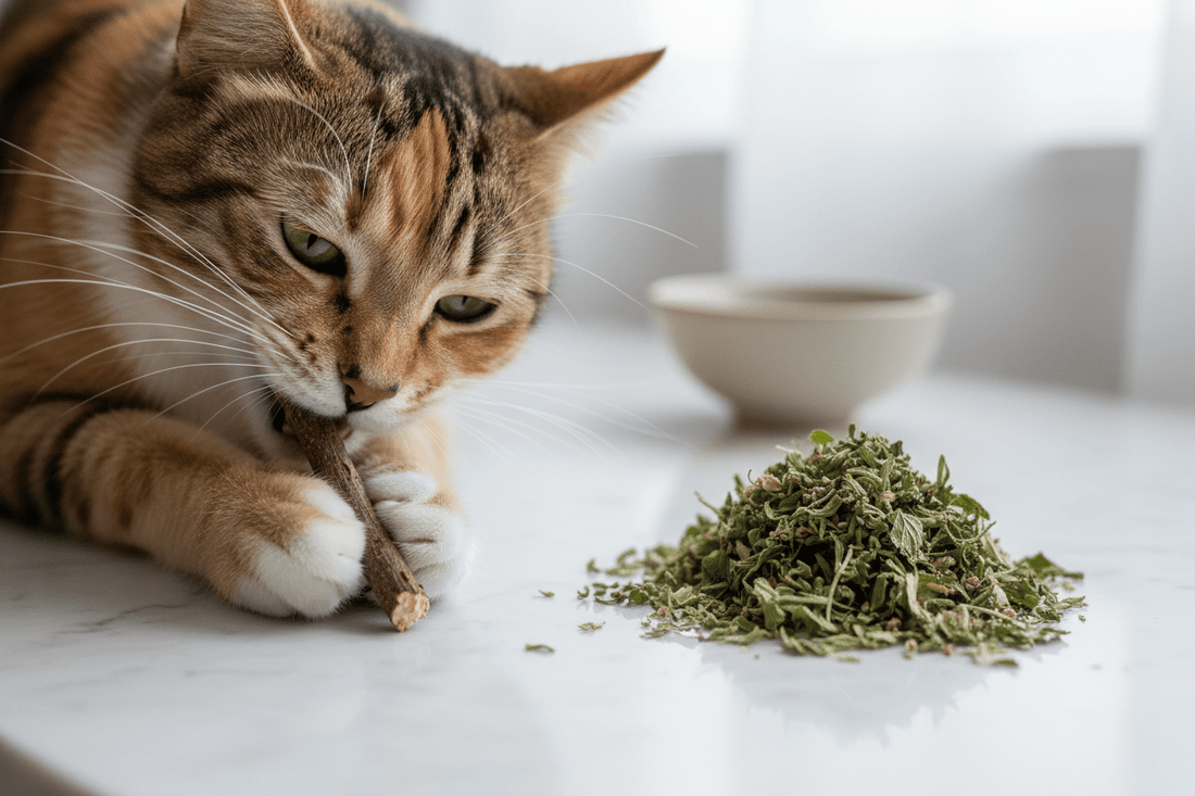 Cat chewing a silvervine stick next to dried catnip on a white marble surface