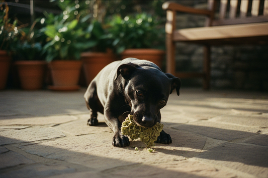 Small black dog eagerly eating a piece of dried green tripe treat