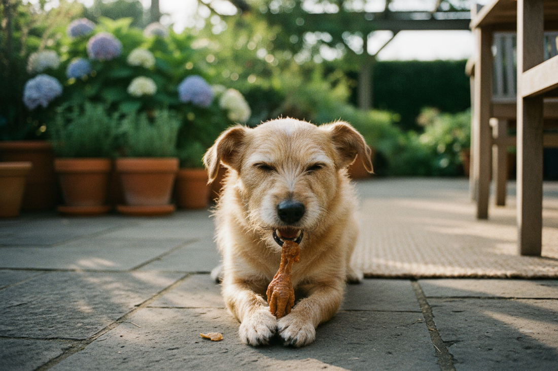 Small dog outdoors on a patio chewing on a natural dehydrated chicken foot treat