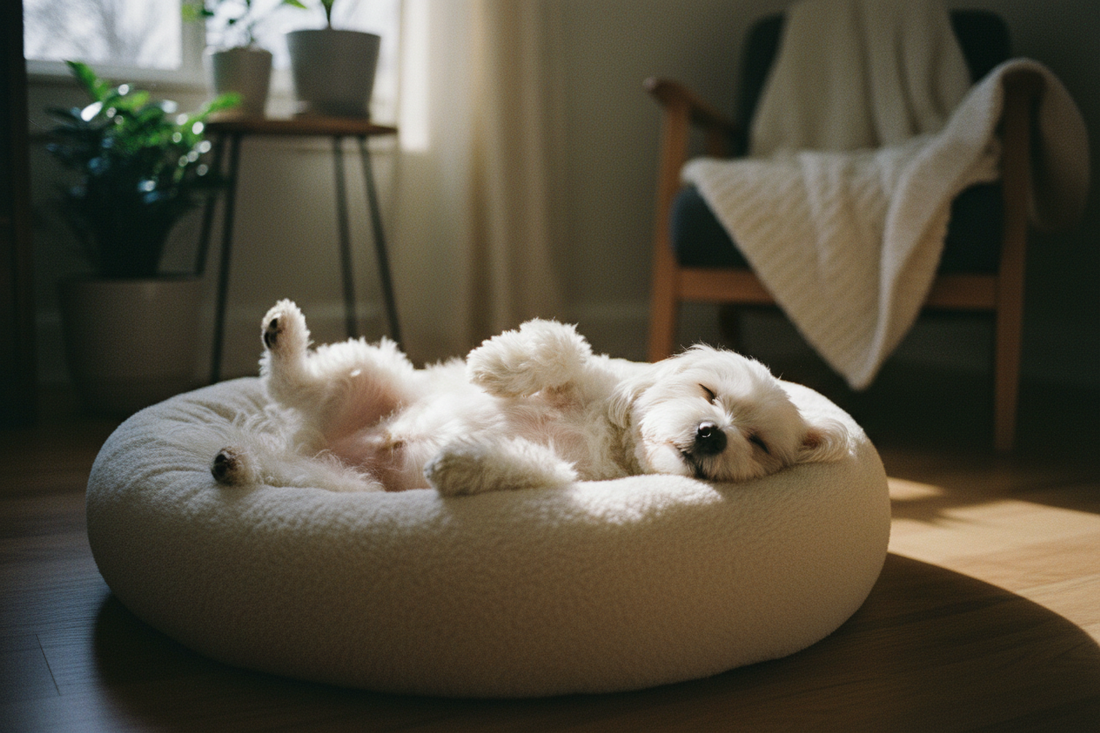 Small dog lying on its back with paws in the air on a plush pet bed, completely relaxed