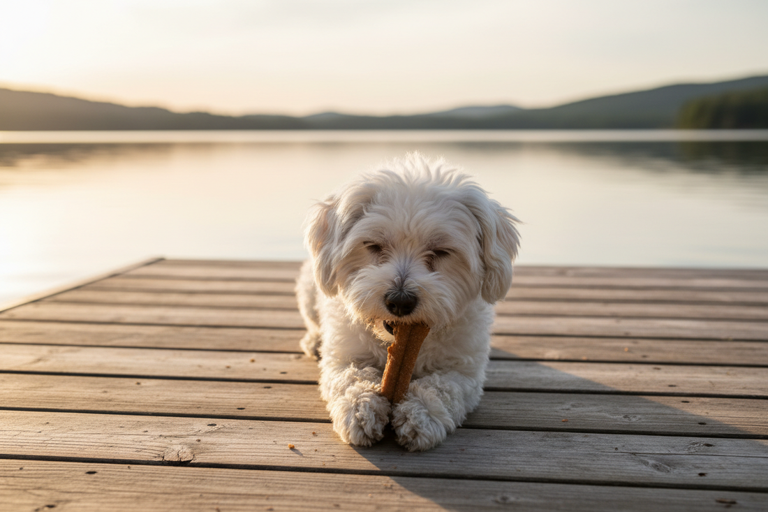 Small white dog chewing a natural treat on a wooden lake dock